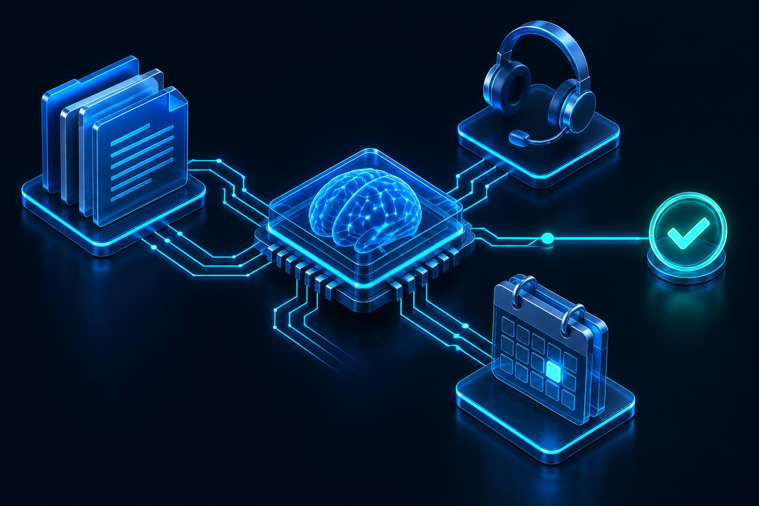 Conceptual illustration of an AI agent connecting business information, voice conversations, and calendar actions