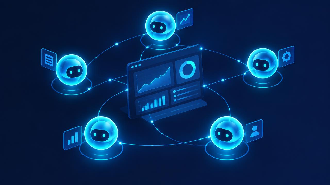 Several glowing AI agents collaborating around a central business dashboard