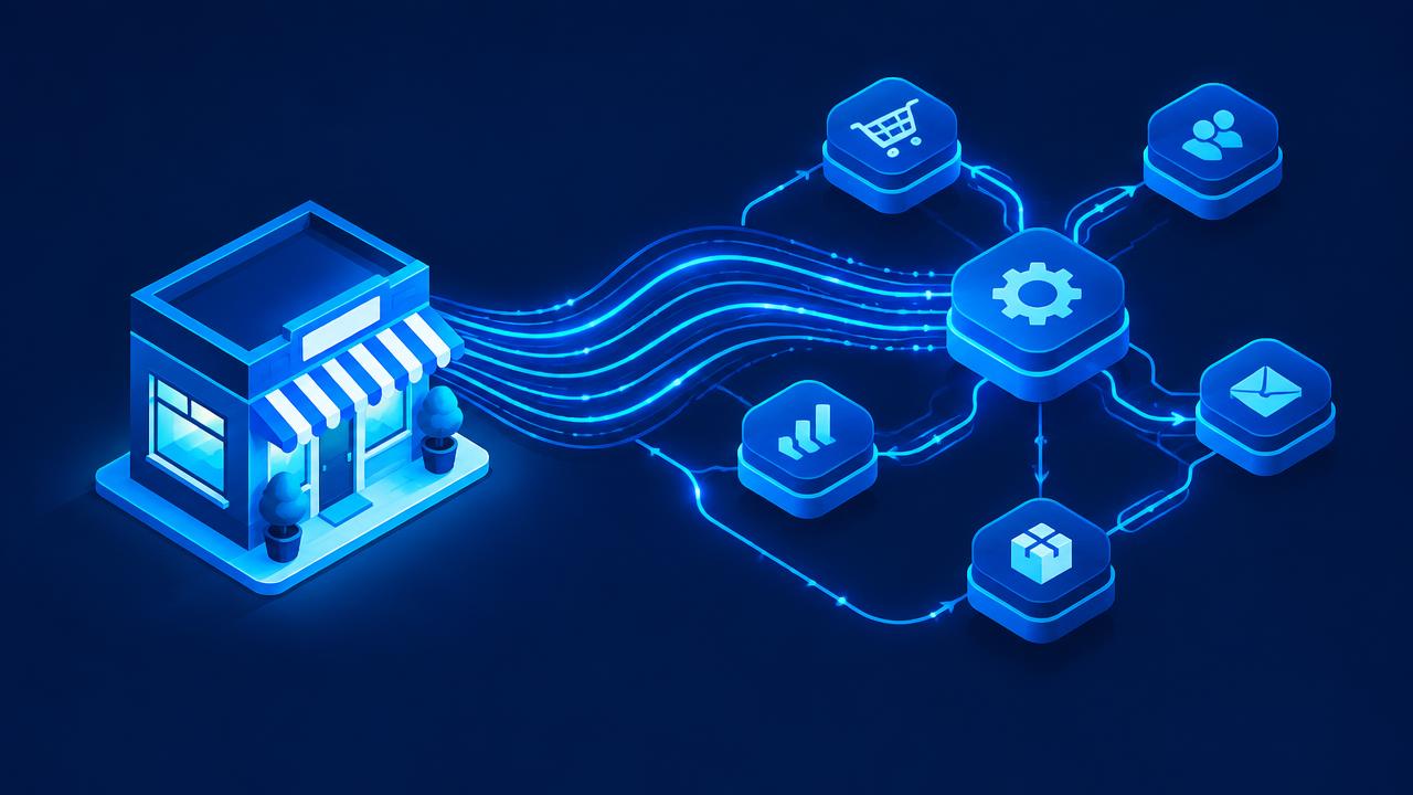 Small business storefront connected by glowing data streams to automated workflow nodes