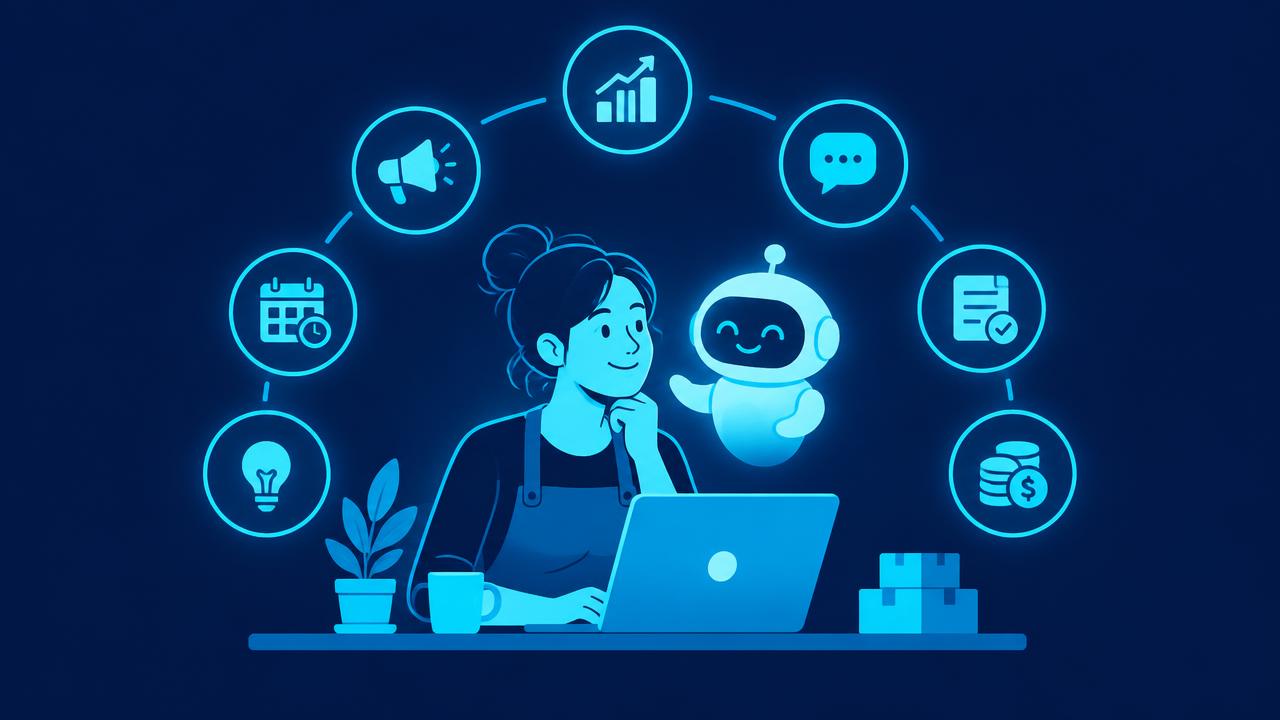 Small business owner at a laptop surrounded by helpful AI icons for sales, scheduling, and finance