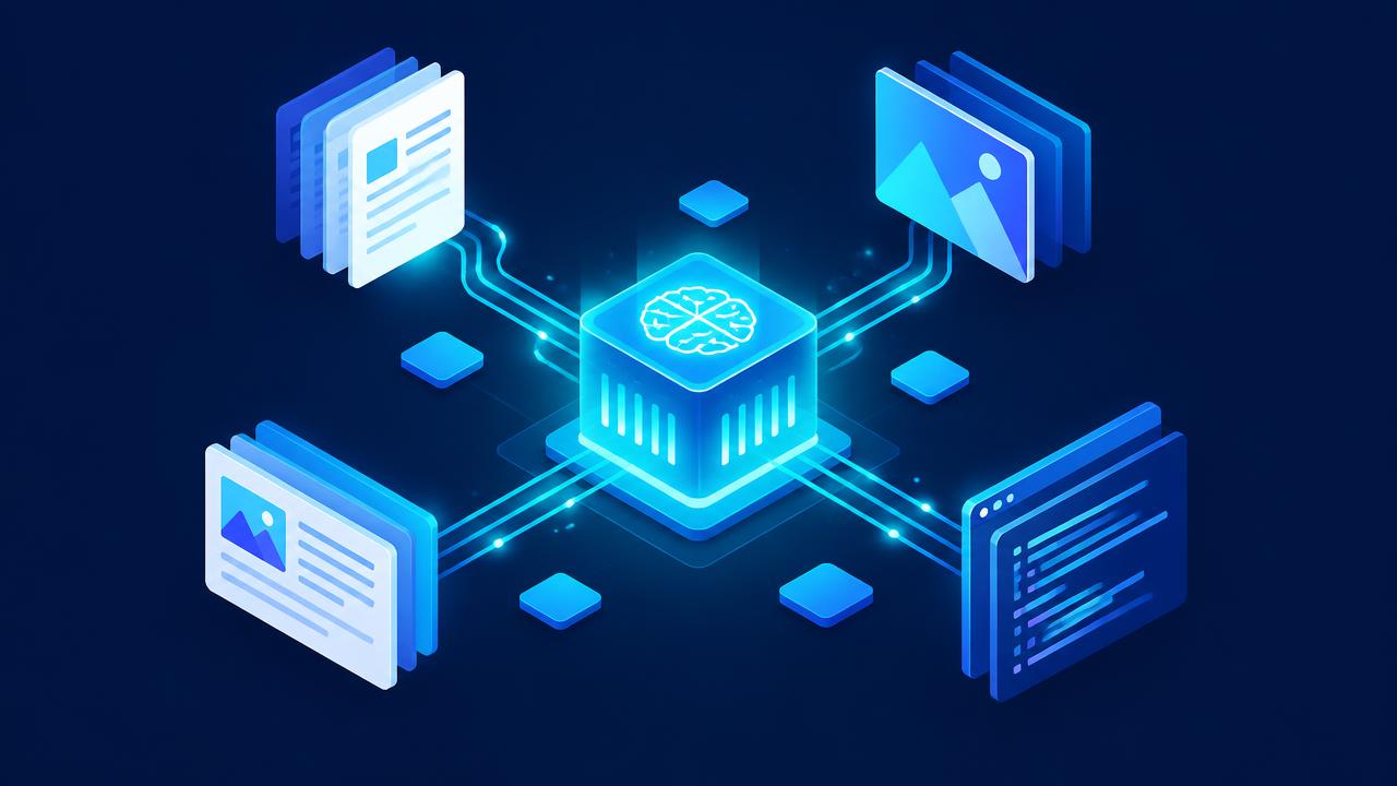 Glowing generative AI core producing documents, images, and code