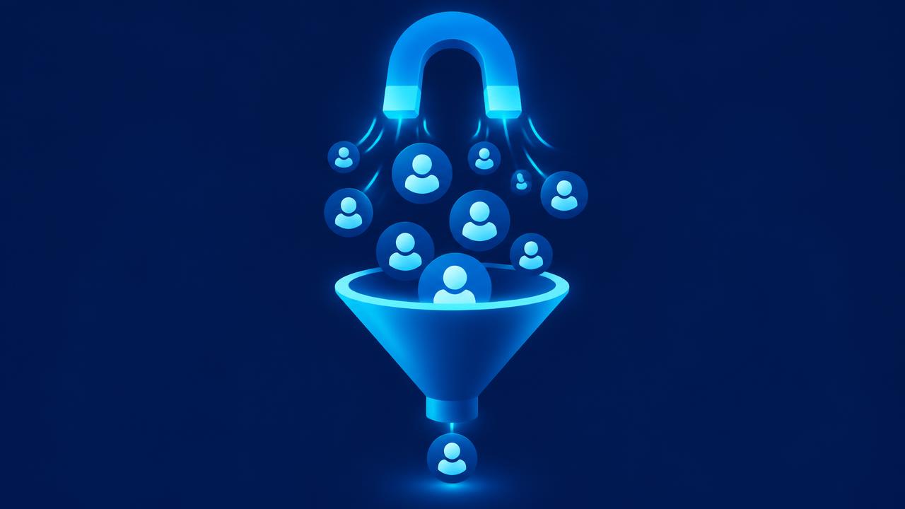 Magnet attracting prospect profiles into a glowing sales funnel