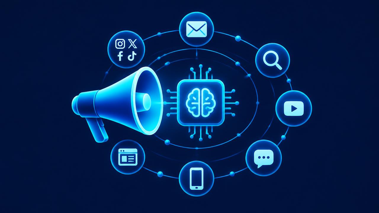 Megaphone with marketing channel icons orbiting a glowing AI chip