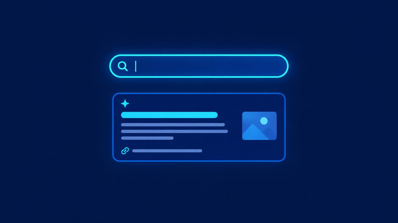 Glowing search bar above an AI generated answer card that cites a website