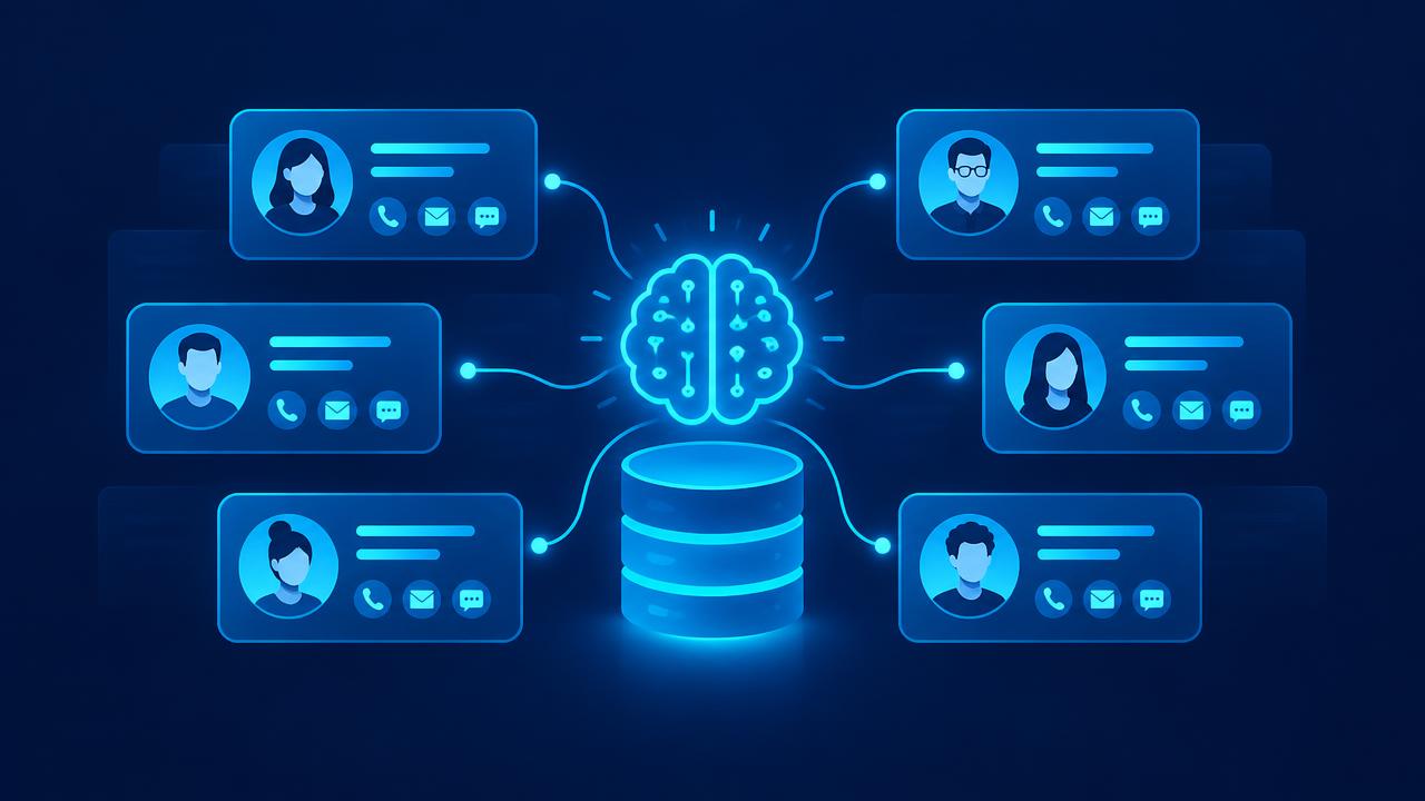 Customer contact cards connected to a glowing AI brain and database