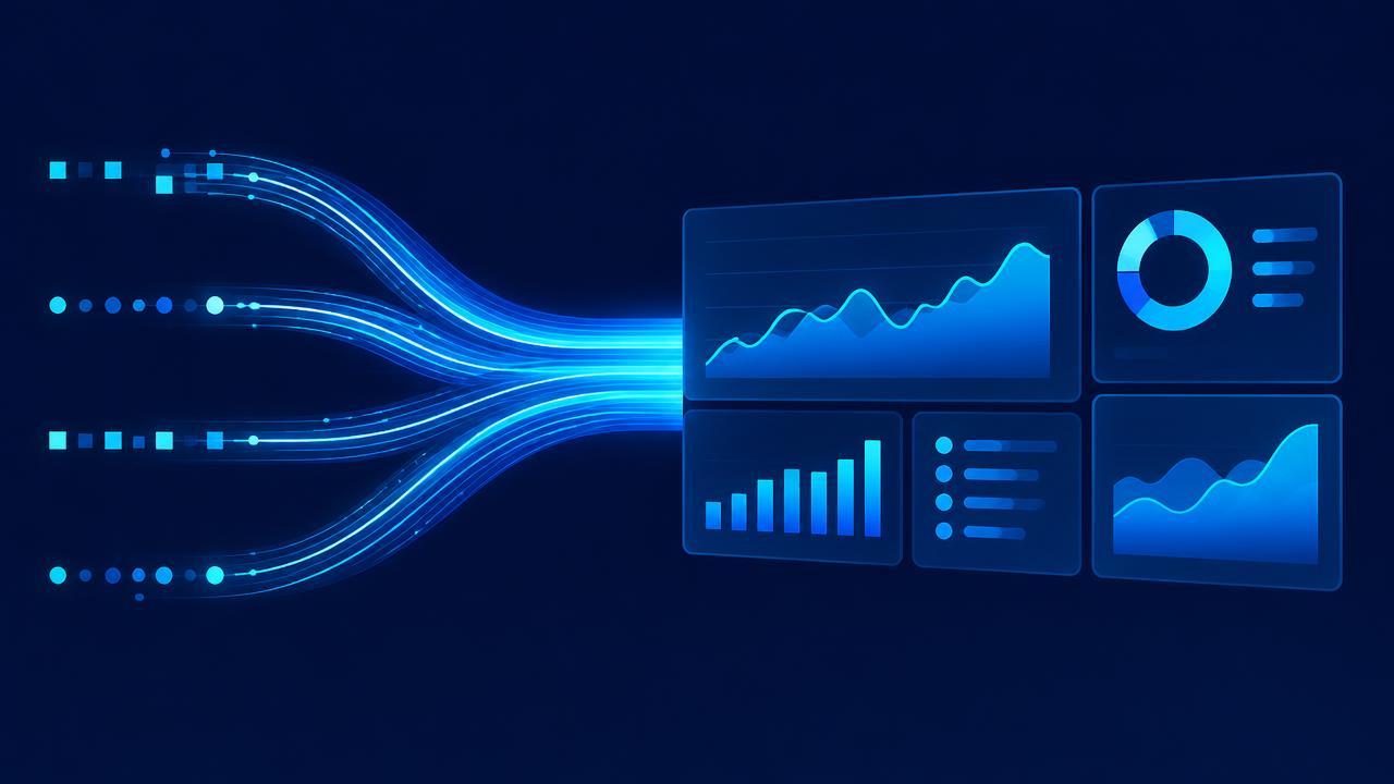 Glowing data streams flowing into business dashboards and charts