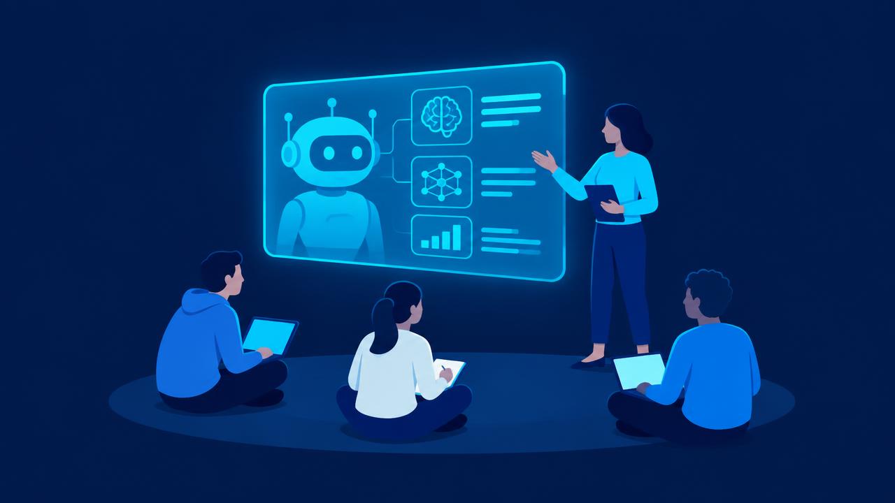 Small team learning from a glowing holographic AI lesson board