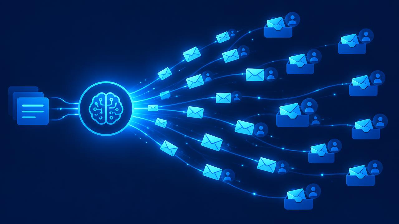 Glowing envelopes flying from an AI hub into many personalized inboxes