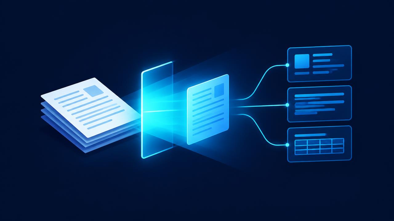 Scanner beam reading stacked paper documents into structured data blocks