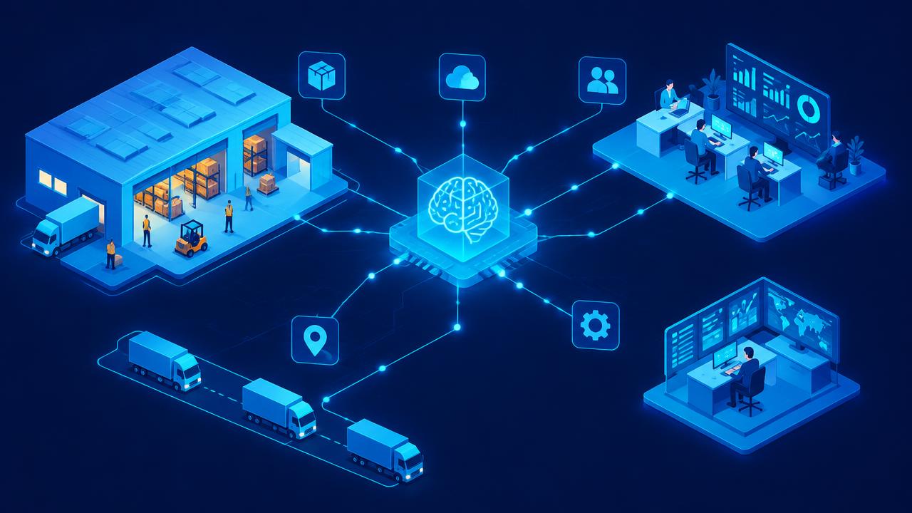 Warehouse, delivery trucks, and offices connected through a central AI network
