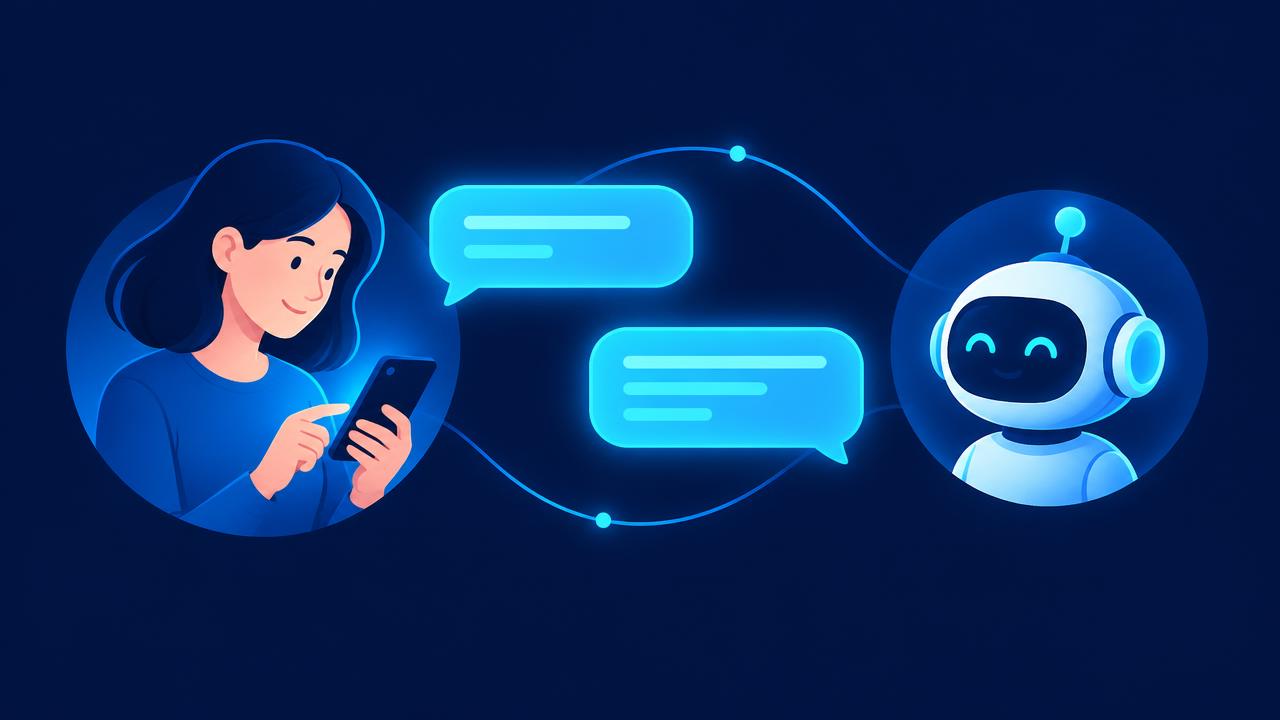 Customer chatting on a phone with a friendly AI assistant through glowing message bubbles