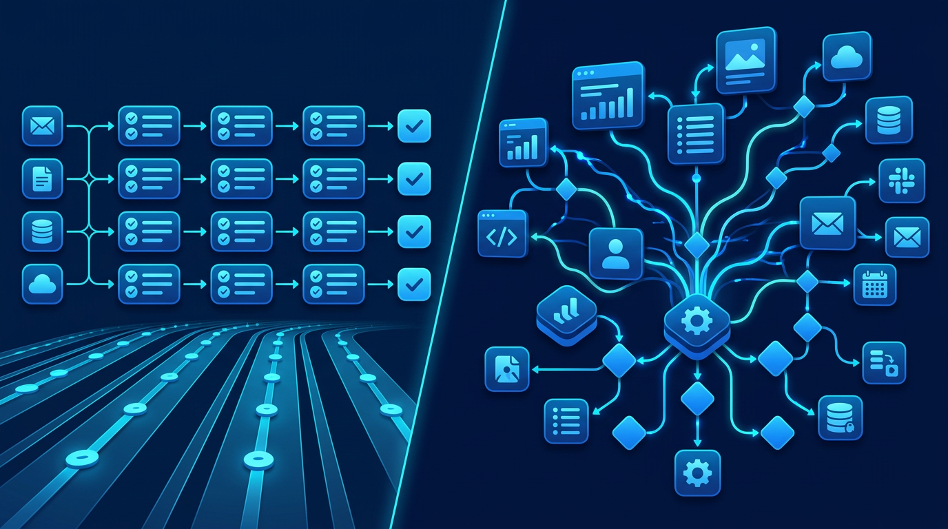 Predictable checklist workflows compared with an AI agent navigating branching business tasks