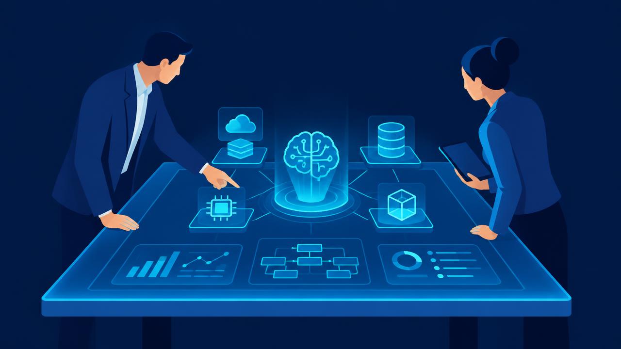 Two consultants planning an AI system around a glowing holographic strategy table