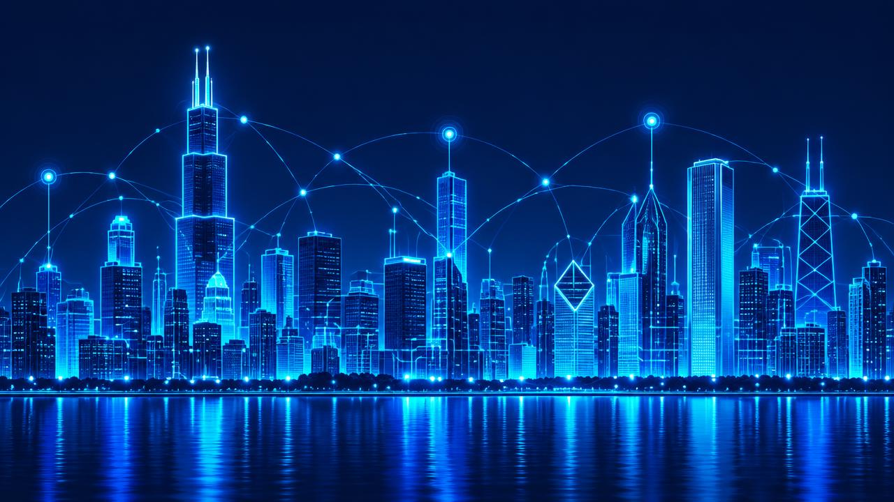 A glowing cyan AI network connecting automated workflows and dashboards