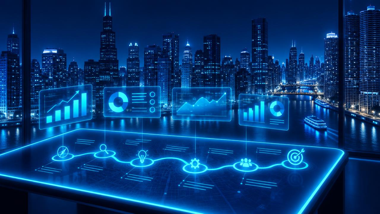 Holographic AI roadmap and charts glowing above a strategy table