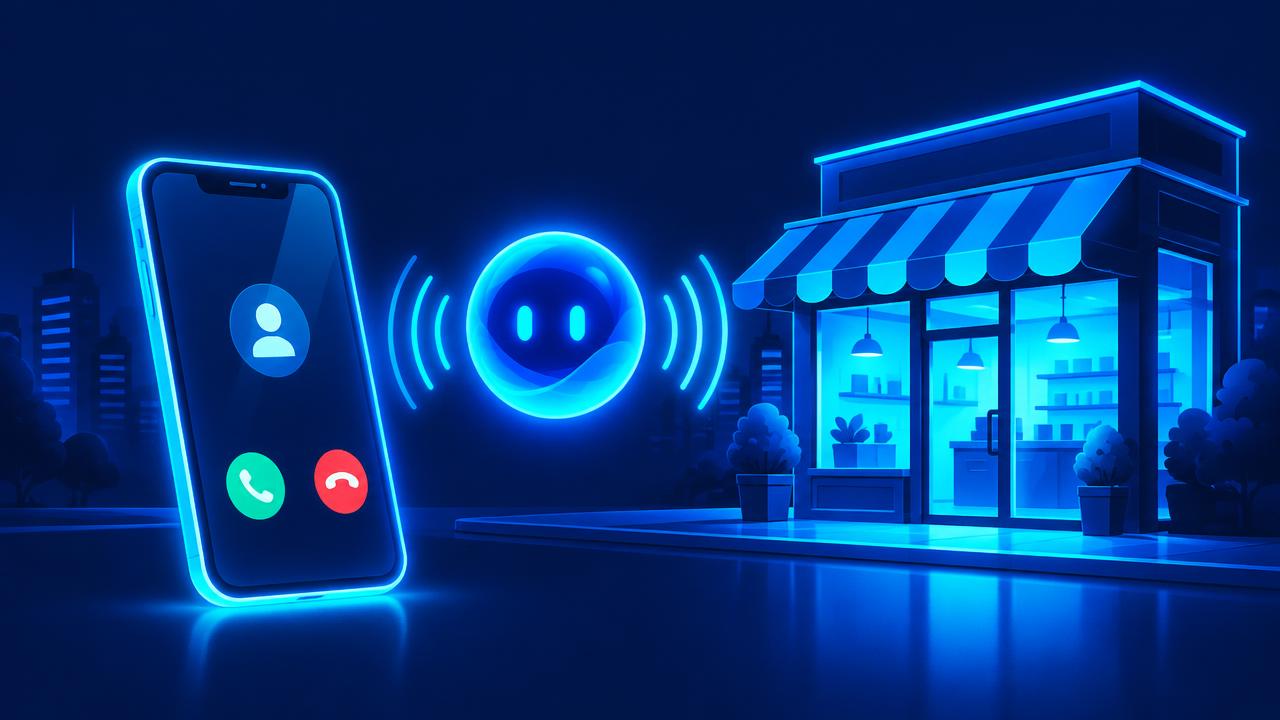A glowing phone and AI voice orb answering calls for a storefront