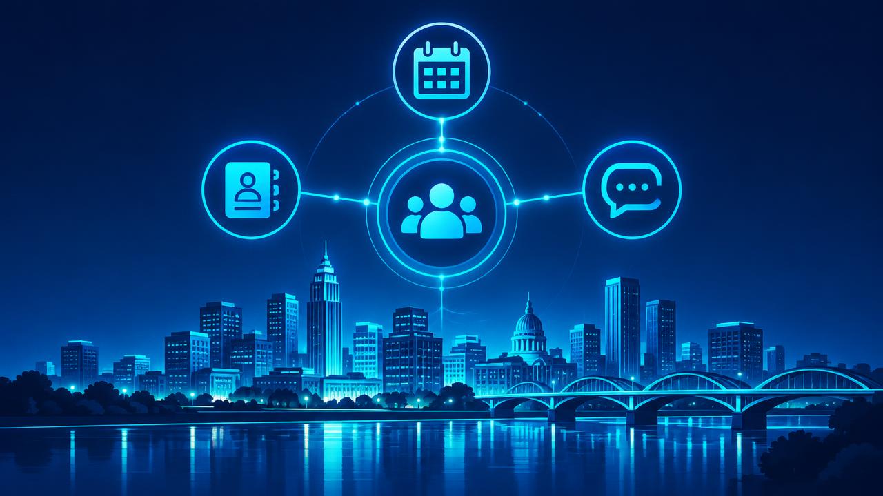 A glowing CRM hub connecting contacts, calendar, and messages on a dark interface