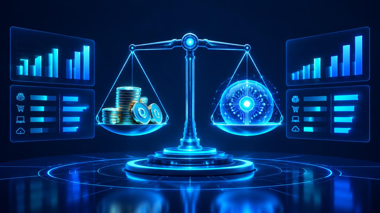 Holographic scale weighing stacked coins against a glowing AI orb between price charts