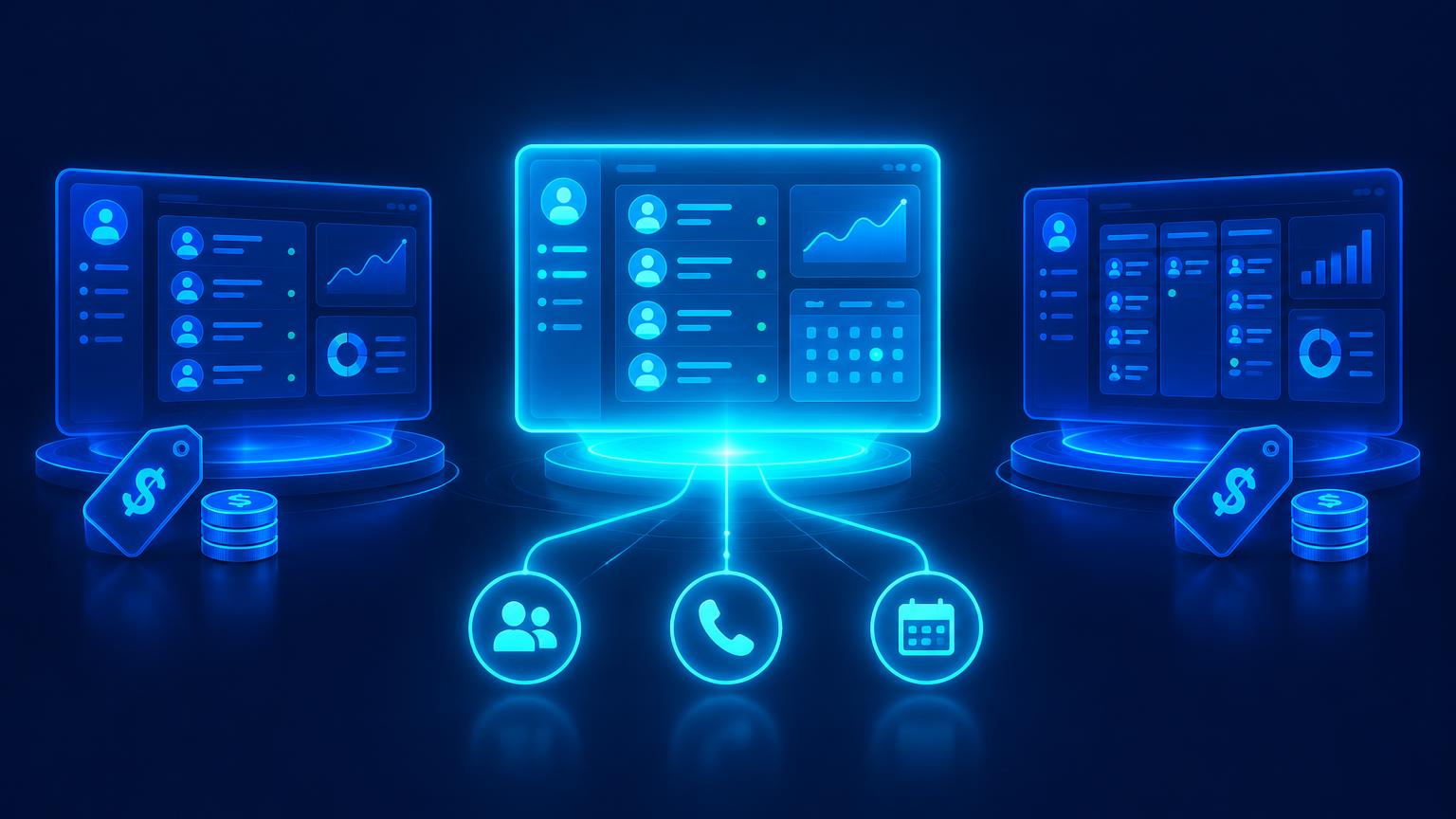 Three glowing CRM dashboards with price tags beside a brighter unified CRM hub connected to contacts, phone, and calendar