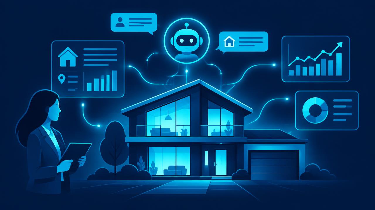 Real estate agent with a tablet next to a glowing house surrounded by AI chat and analytics panels