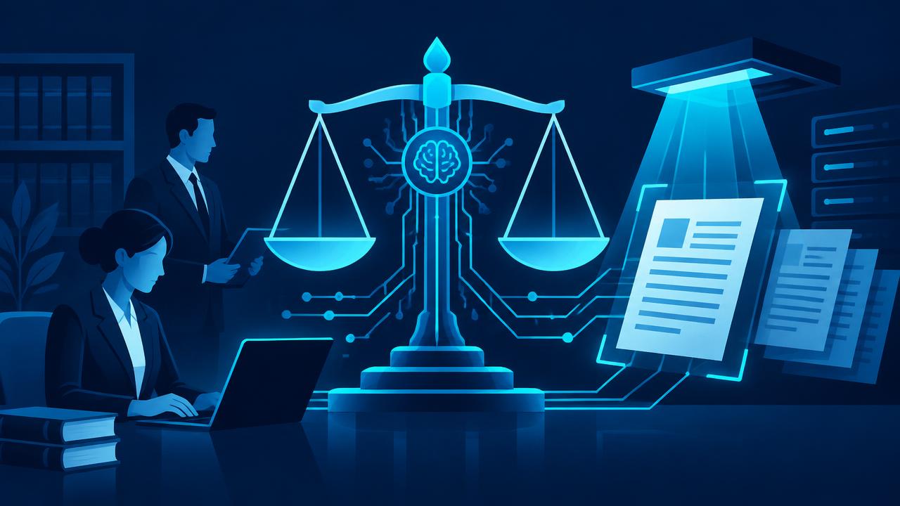Scales of justice with glowing circuit lines and documents being scanned by light