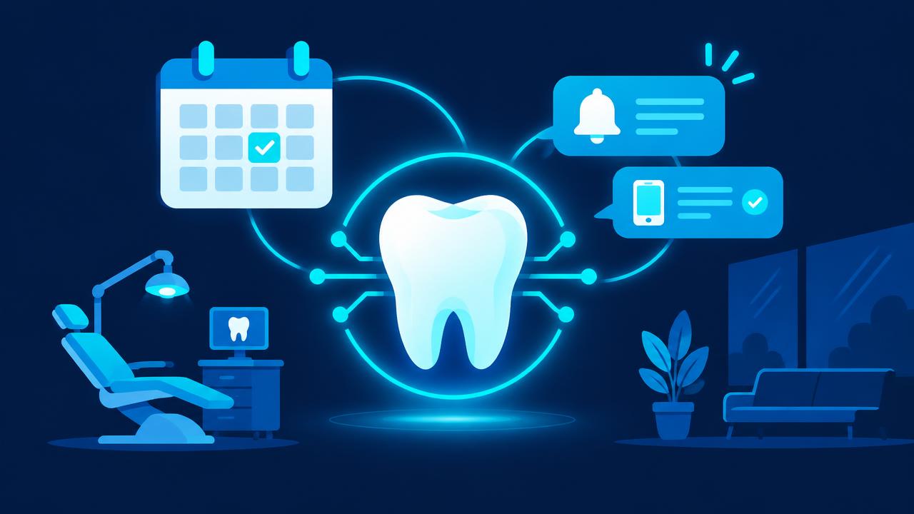 Glowing tooth surrounded by a scheduling calendar and appointment reminder notifications