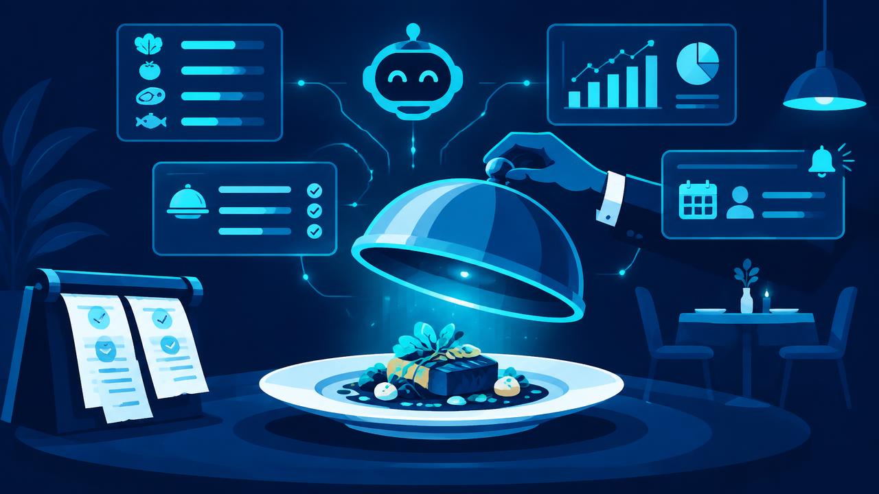 Restaurant plate and cloche with order tickets, inventory charts, and booking notifications