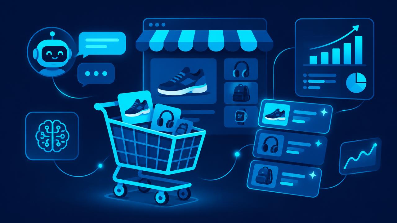 Shopping cart with recommendation cards, chat bubbles, and rising sales charts