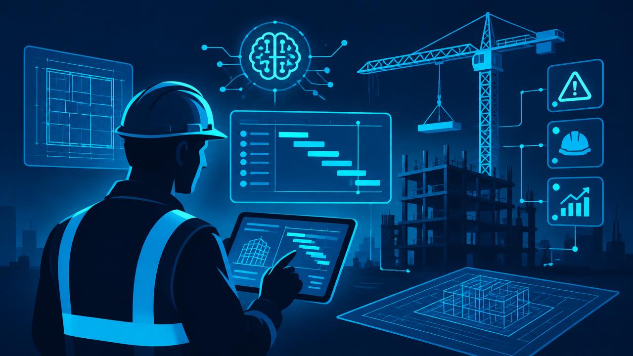 Construction worker with a tablet, crane silhouette, project timeline, and blueprint icons