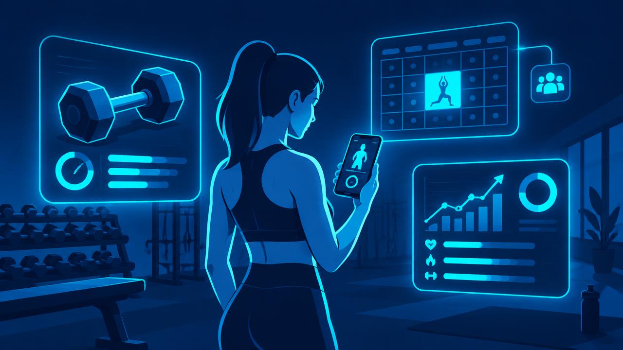 Gym member with a phone, dumbbell icon, class calendar, and progress charts