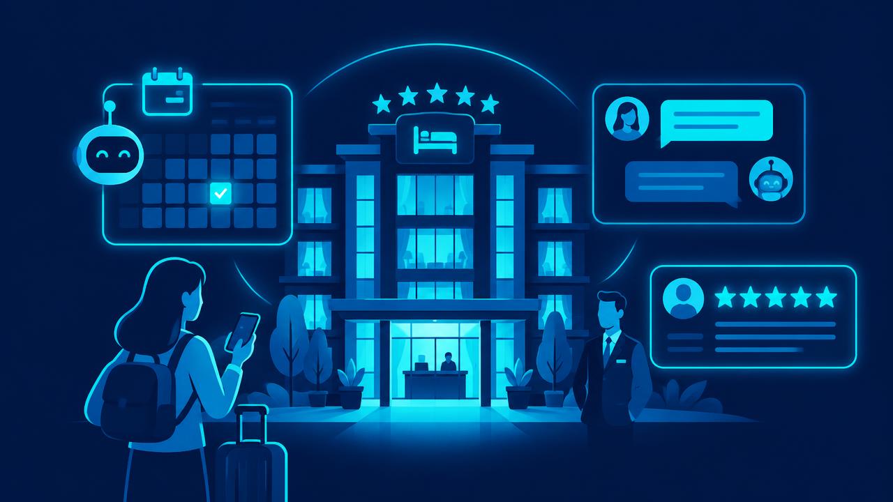 Hotel building with booking calendar, guest chat messages, and five star review icons