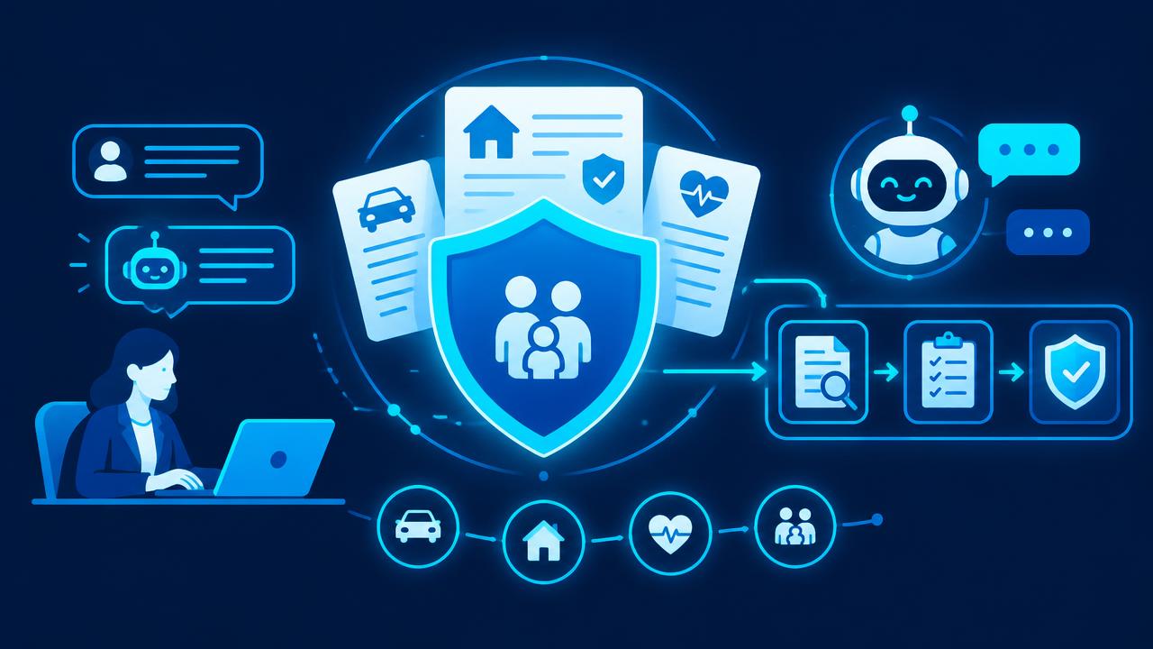 Glowing shield with policy documents, claims flow, and chat bubbles