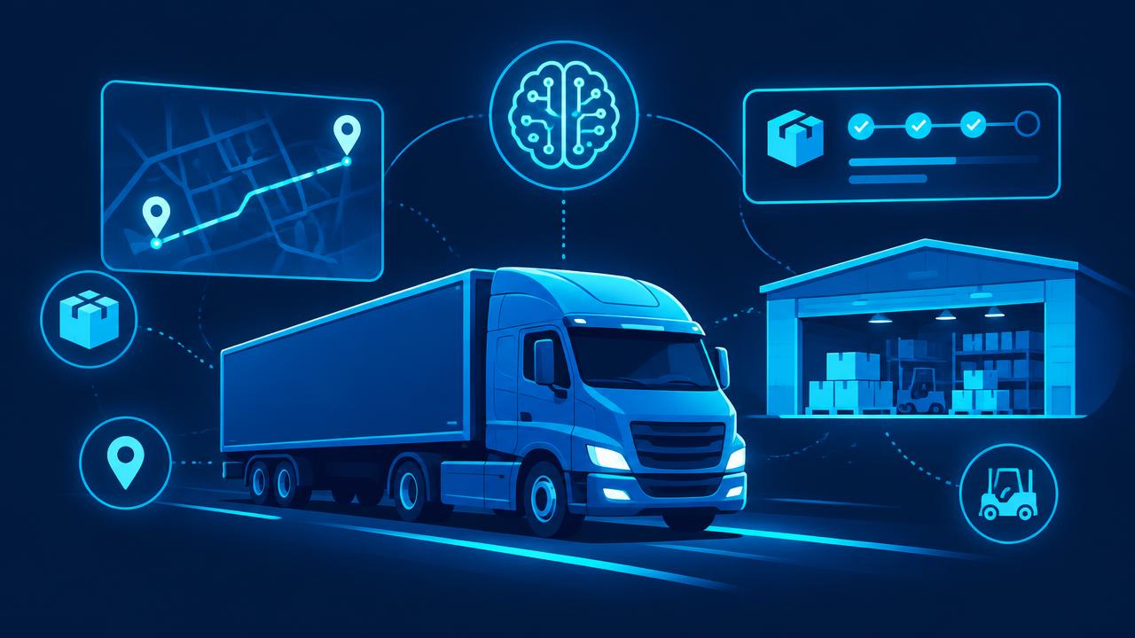 Delivery truck with route map, package tracking, and warehouse icons