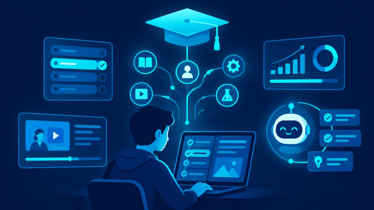 Graduation cap with personalized learning paths, quiz cards, and progress charts