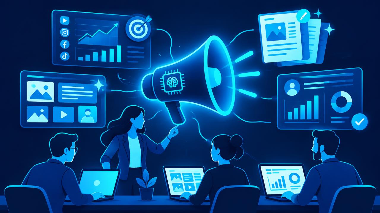 Megaphone with campaign dashboards, content drafts, and client reports