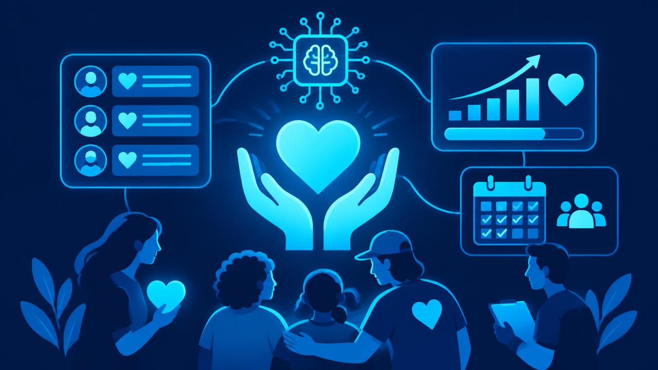 Heart in helping hands with donor messages, fundraising charts, and volunteer calendar