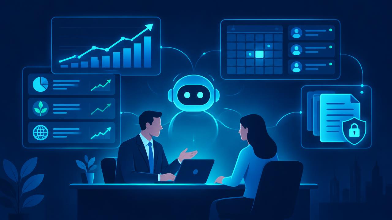 Advisor and client with rising charts, meeting calendar, and secure document icons