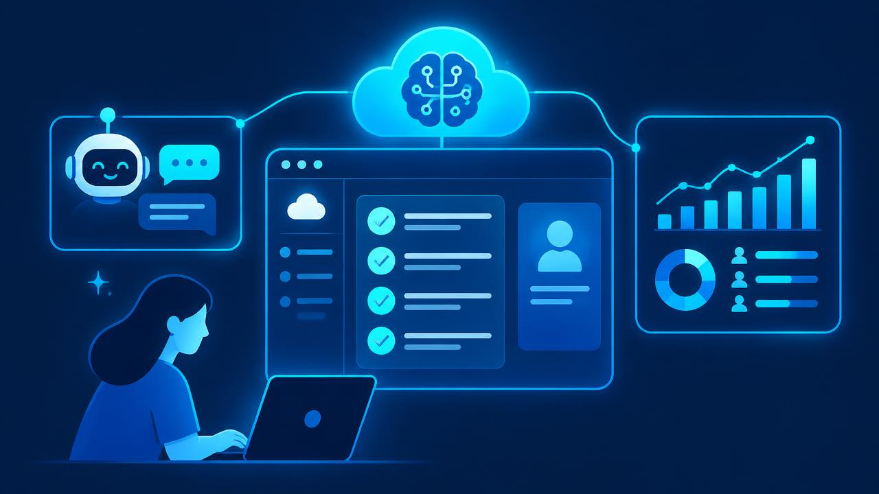 Cloud application window with onboarding checklist, support chatbot, and user analytics
