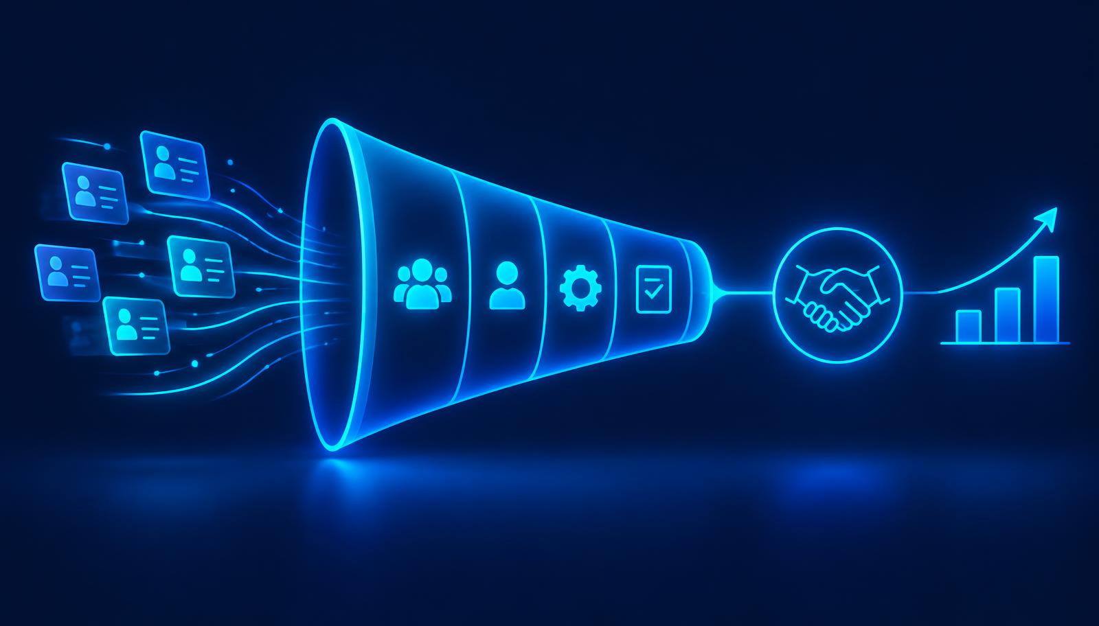 Lead cards flowing into a glowing sales funnel that ends in a handshake and rising chart