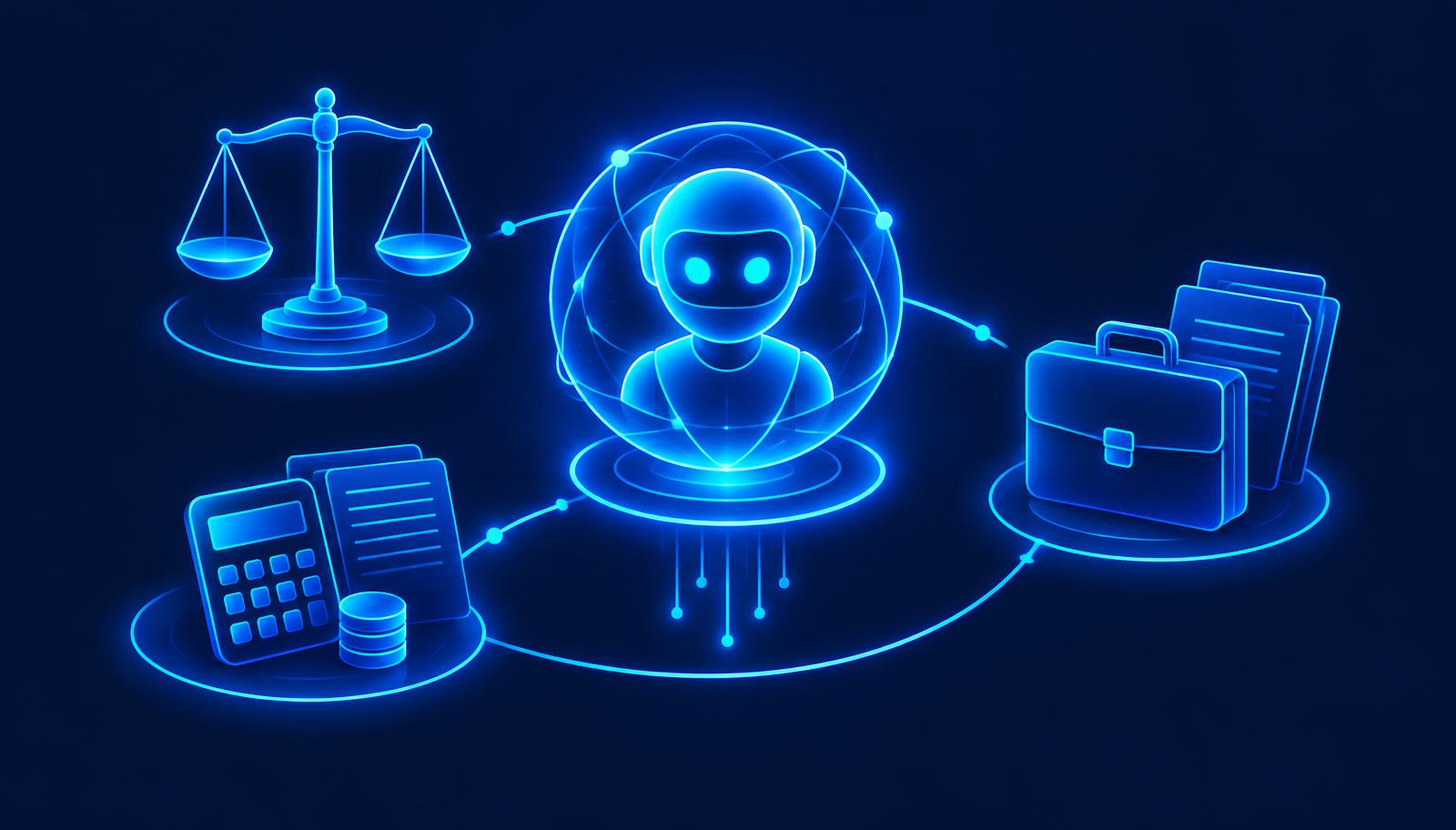 An AI agent core connected to legal scales, an accounting calculator, and a consulting briefcase