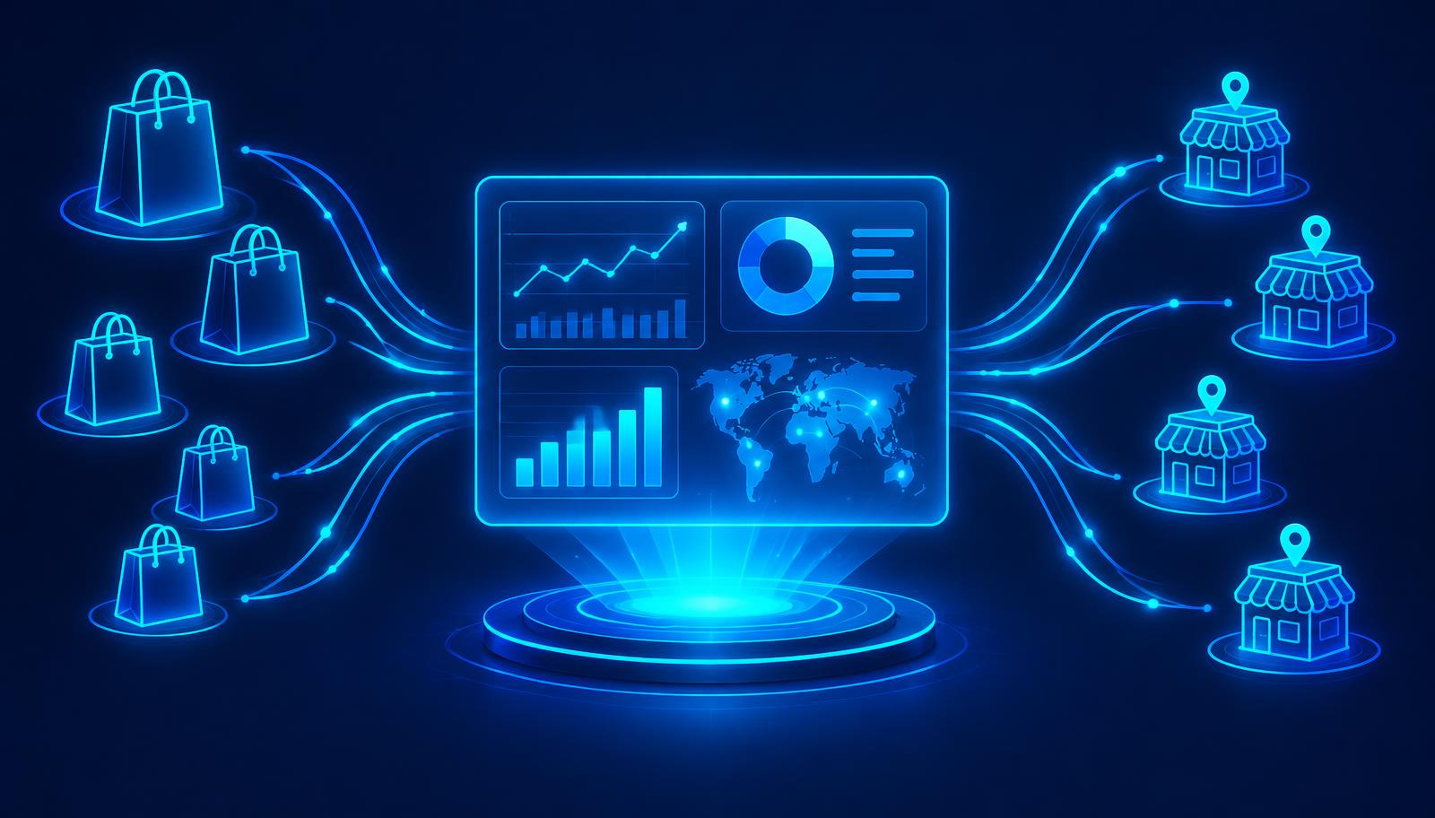 Shopping bags and store locations streaming data into a holographic analytics dashboard