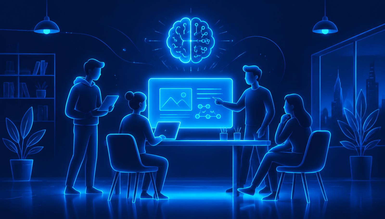 A small team gathered around a glowing screen in a workshop, with an AI brain icon above