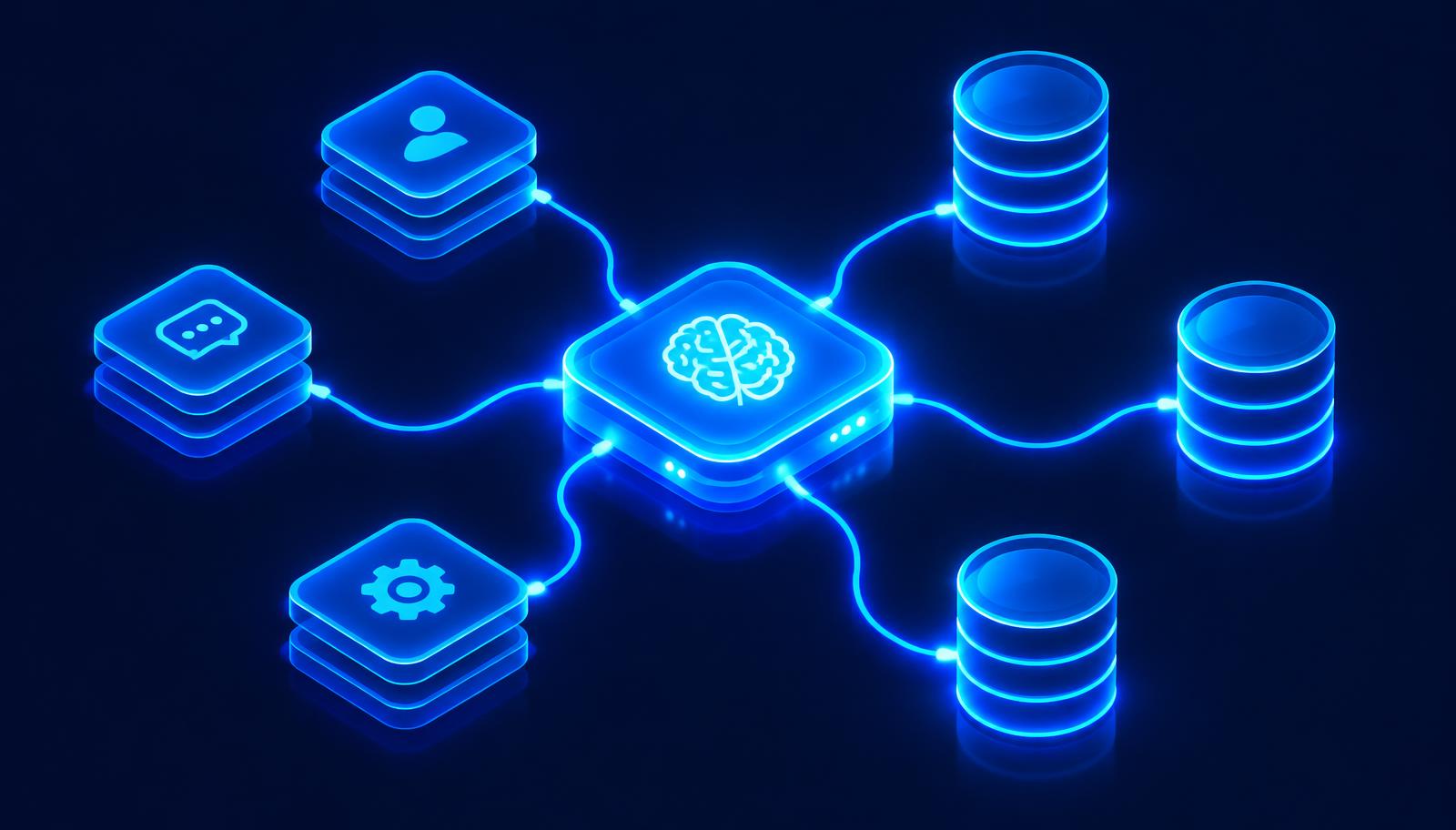 App tiles and databases connected by glowing cables to a central AI hub