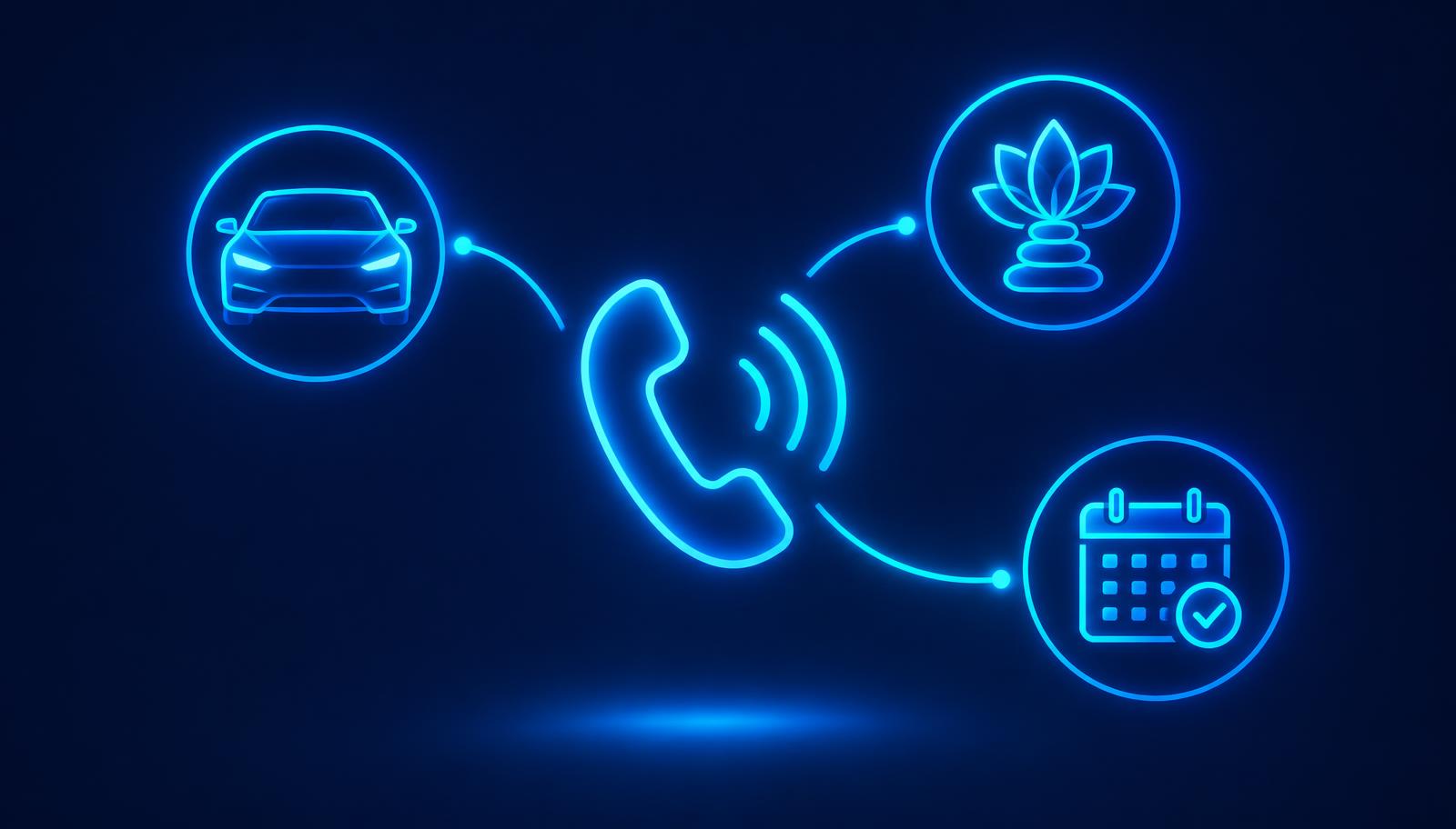 A phone handset with sound waves connecting to a car, a spa lotus, and a calendar booking