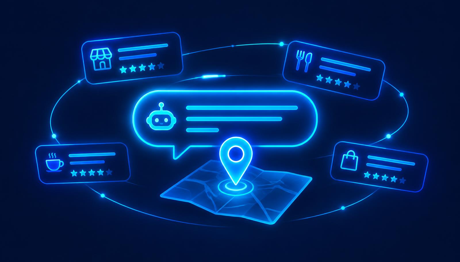 An AI chat answer bubble pointing to a local business map pin with rated listings orbiting