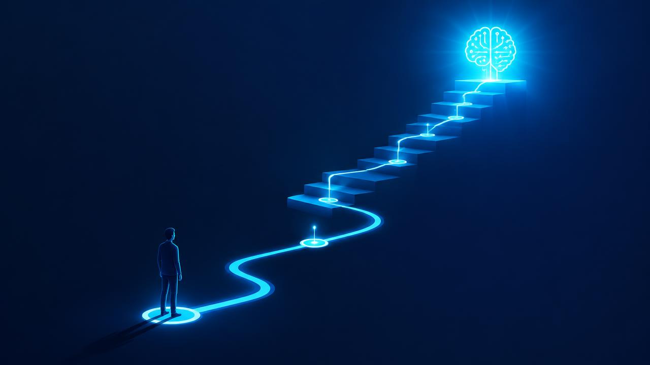 A glowing roadmap path climbing a staircase toward a bright AI core