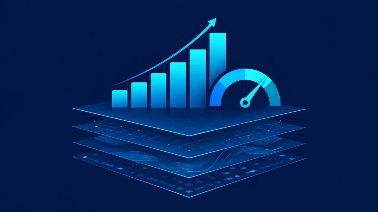Rising bar chart and ROI gauge built on layers of business data
