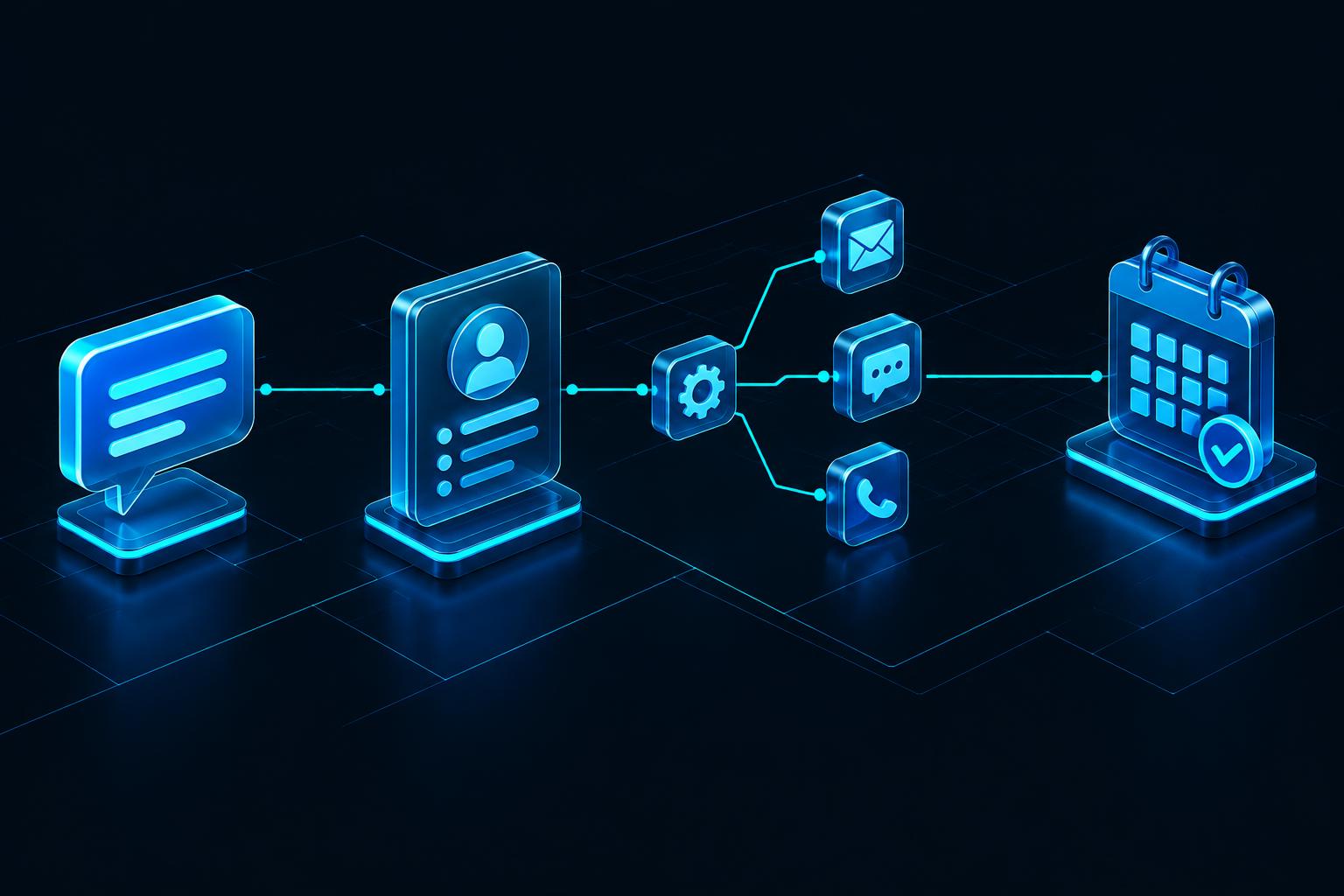 Conceptual workflow from an incoming inquiry to a contact record, follow-up messages, and a booked appointment