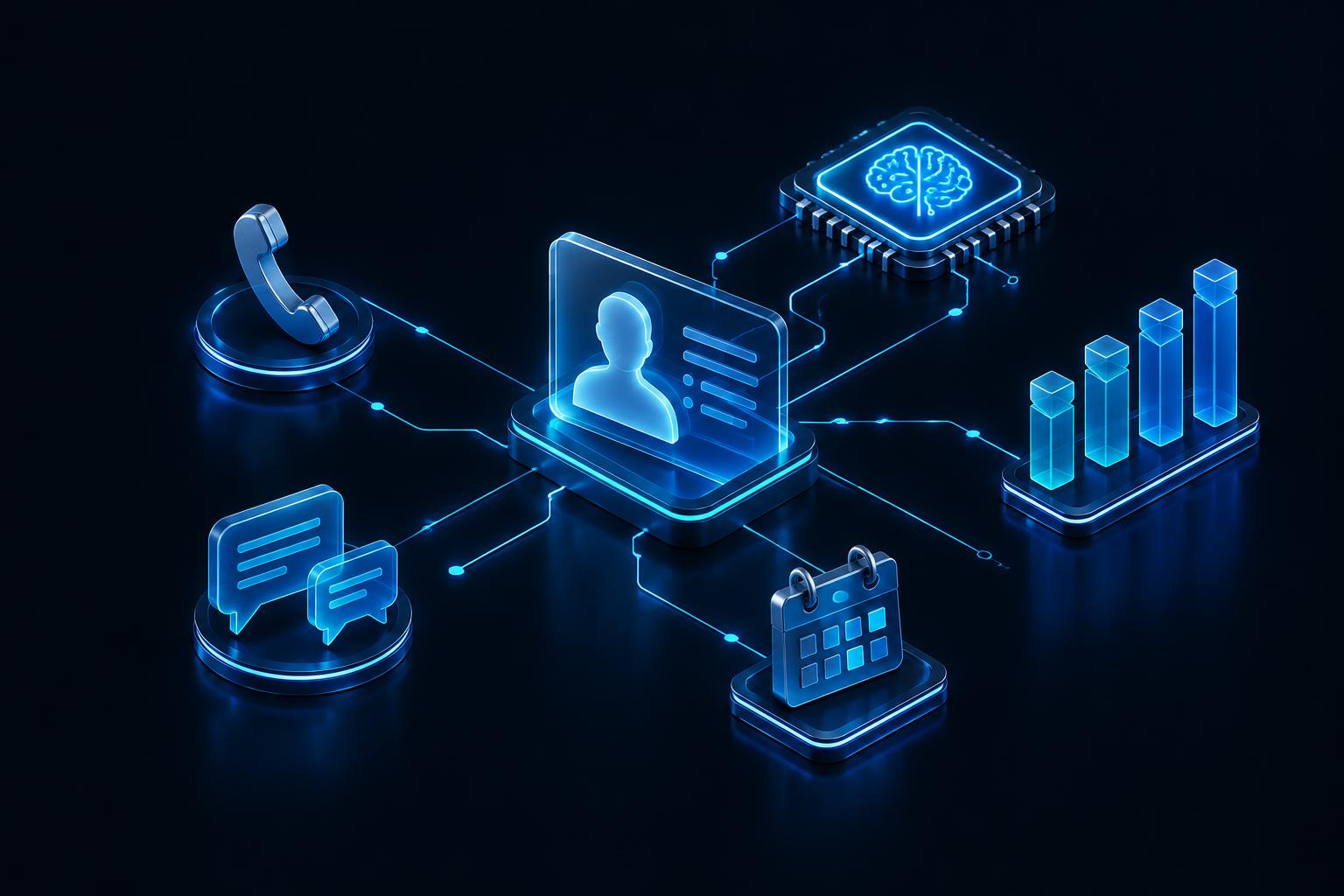 Conceptual illustration connecting a CRM contact to AI, calls, messages, and appointments