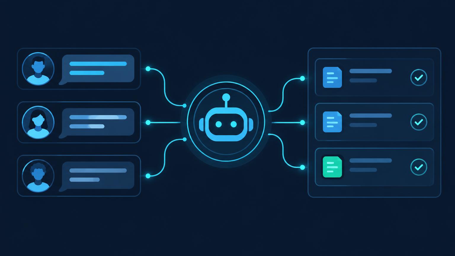 Customer messages flowing into an AI assistant that resolves support tickets automatically